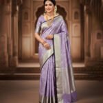 Lavender Soft Silk Saree with Silver Jacquard Weave & Black Piping