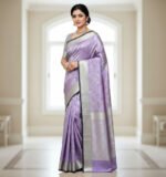 Lavender Soft Silk Saree with Silver Jacquard Weave & Black Piping - Image 3
