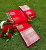 Ruby Red Soft Silk Saree with Silver Zari Box Motifs - Image 2