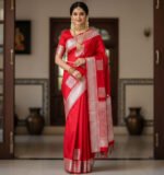 Ruby Red Soft Silk Saree with Silver Zari Box Motifs - Image 3