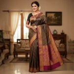 Black Soft Silk Saree with Gold Zari Buttas and Maroon Border