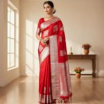 Ruby Red Soft Silk Saree with Silver Zari Box Motifs