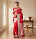 Ruby Red Soft Silk Saree with Silver Zari Box Motifs