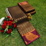 Black Soft Silk Saree with Gold Zari Buttas and Maroon Border - Image 3