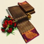 Black Soft Silk Saree with Gold Zari Buttas and Maroon Border - Image 2