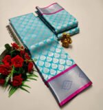 Aqua Blue Soft Silk Saree with Silver Zari Leaf Motifs & Pink Piping - Image 2