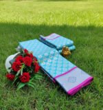 Aqua Blue Soft Silk Saree with Silver Zari Leaf Motifs & Pink Piping - Image 4