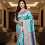 Aqua Blue Soft Silk Saree with Silver Zari Leaf Motifs & Pink Piping