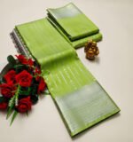 Pista Green Soft Silk Saree with Silver Vertical Zari Lines - Image 2