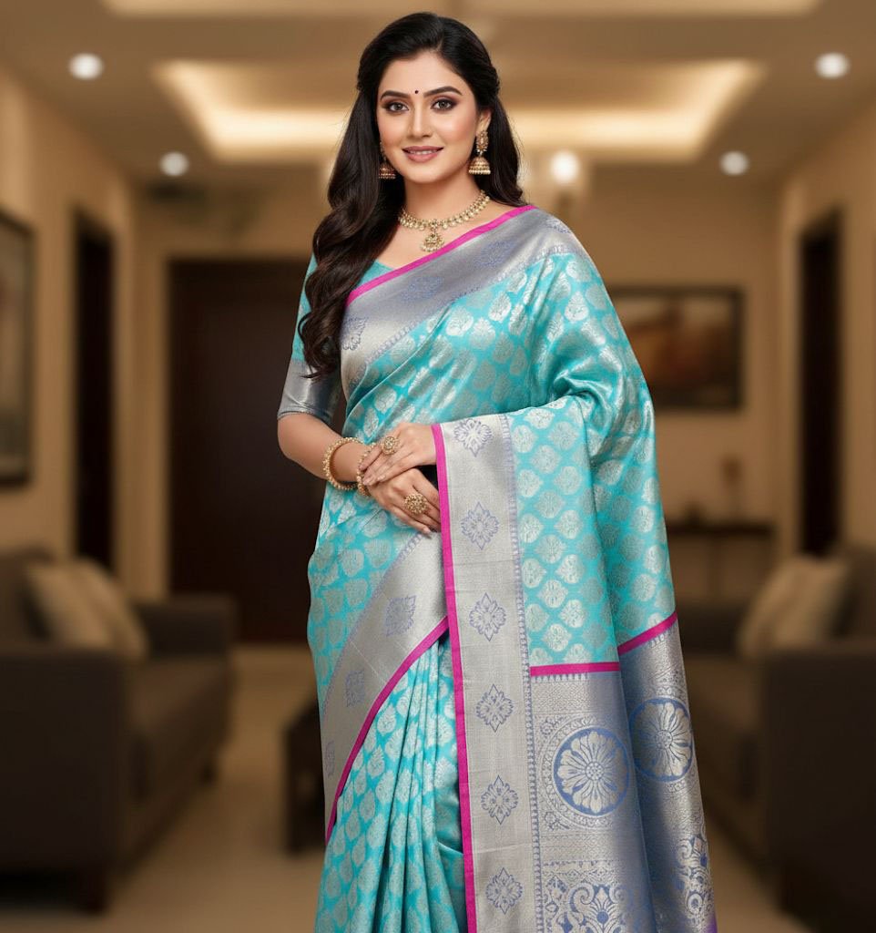 WhatsApp Image 2025-12-05 at 09.56.19 Aqua Blue Soft Silk Saree with Silver Zari Leaf Motifs & Pink Piping - Image 1