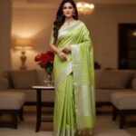Pista Green Soft Silk Saree with Silver Vertical Zari Lines