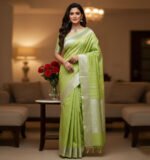 Pista Green Soft Silk Saree with Silver Vertical Zari Lines
