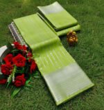 Pista Green Soft Silk Saree with Silver Vertical Zari Lines - Image 4