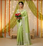 Pista Green Soft Silk Saree with Silver Vertical Zari Lines - Image 3