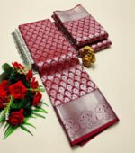 Deep Wine Soft Silk Saree with Silver Zari Butta and Contrast Pallu - Image 2