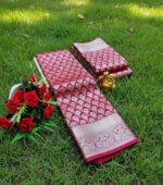 Deep Wine Soft Silk Saree with Silver Zari Butta and Contrast Pallu - Image 4