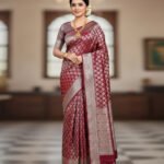 Deep Wine Soft Silk Saree with Silver Zari Butta and Contrast Pallu