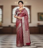 Deep Wine Soft Silk Saree with Silver Zari Butta and Contrast Pallu