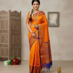 Bright Orange Soft Silk Saree with Copper-Gold Border & Blue Piping