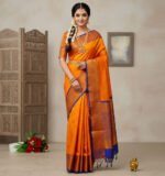 Bright Orange Soft Silk Saree with Copper-Gold Border & Blue Piping