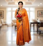 Bright Orange Soft Silk Saree with Copper-Gold Border & Blue Piping - Image 3