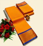 Bright Orange Soft Silk Saree with Copper-Gold Border & Blue Piping - Image 4