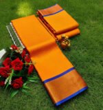 Bright Orange Soft Silk Saree with Copper-Gold Border & Blue Piping - Image 2
