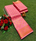 Bright Pink Soft Silk Saree with Golden Leaf Motifs & Orange Zari Border - Image 2