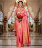 Bright Pink Soft Silk Saree with Golden Leaf Motifs & Orange Zari Border - Image 3