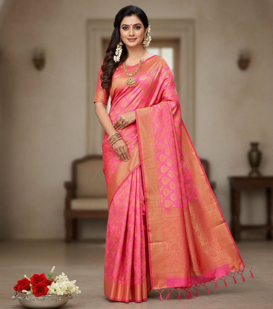 WhatsApp Image 2025-12-05 at 09.56.25 Bright Pink Soft Silk Saree with Golden Leaf Motifs & Orange Zari Border - Image 1