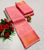 Bright Pink Soft Silk Saree with Golden Leaf Motifs & Orange Zari Border - Image 4