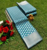 Teal Blue Soft Silk Saree with Silver Jacquard Leaf Motifs - Image 2