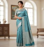 Teal Blue Soft Silk Saree with Silver Jacquard Leaf Motifs
