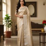 Cream Gold Soft Lichi Silk Saree with Silver Zari Checks