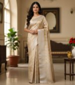 Cream Gold Soft Lichi Silk Saree with Silver Zari Checks