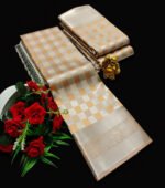 Cream Gold Soft Lichi Silk Saree with Silver Zari Checks - Image 4
