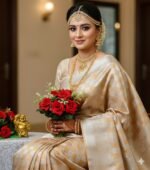 Cream Gold Soft Lichi Silk Saree with Silver Zari Checks - Image 3