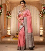 Baby Pink Soft Lichi Silk Saree with Silver Zari Lines & Black Border - Image 3