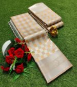 Cream Gold Soft Lichi Silk Saree with Silver Zari Checks - Image 2