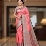 Baby Pink Soft Lichi Silk Saree with Silver Zari Lines & Black Border