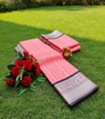 Baby Pink Soft Lichi Silk Saree with Silver Zari Lines & Black Border - Image 2