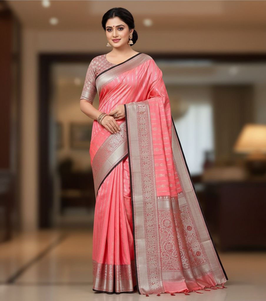 WhatsApp Image 2025-12-05 at 09.56.30 Baby Pink Soft Lichi Silk Saree with Silver Zari Lines & Black Border - Image 1