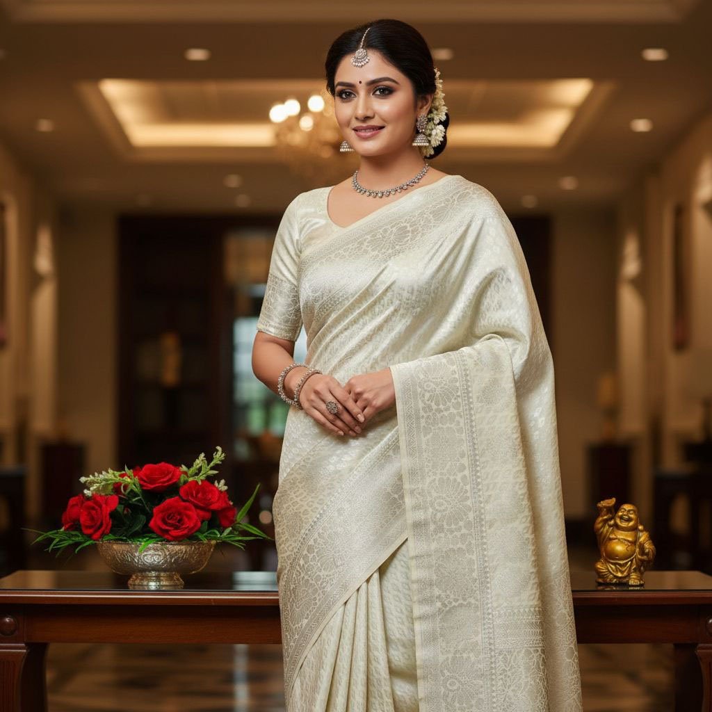 WhatsApp Image 2025-12-05 at 09.56.32 (1) Off-White Soft Silk Saree with Silver Jacquard Weave - Image 1