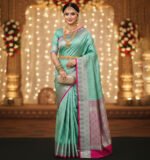 Mint Green Soft Silk Saree with Silver Zari Motifs & Pink Piping - Image 4