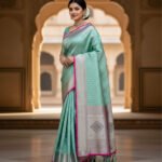 Mint Green Soft Silk Saree with Silver Zari Motifs & Pink Piping