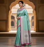 Mint Green Soft Silk Saree with Silver Zari Motifs & Pink Piping