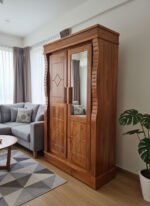 Teak Wood Two-Door Wardrobe with Mirror & Carved Design - Image 2
