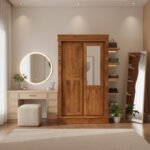 Teak Wood Two-Door Wardrobe with Mirror & Carved Design