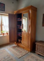 Teak Wood Two-Door Wardrobe with Mirror & Carved Design - Image 3