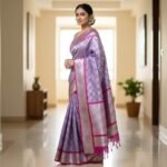 Lavender Pure Silk Saree With Silver Leaf Motifs With The Combination Of Pink Magenta Zari Border - Image 2